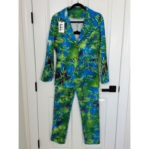 All Things Cherish Women Tropical Palm Print Blazer and Pants Suit Set GreenBlue